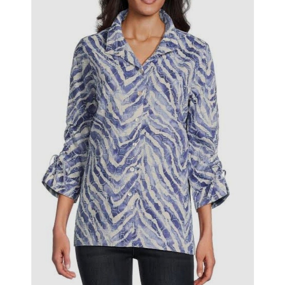 John Mark Blue Zebra Print Button Up Down Linen Shirt Womens Size 3X Embroidery